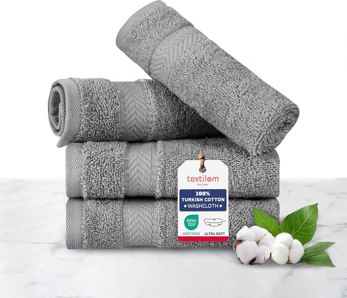 100% Turkish Cotton 4 Piece Luxury Washcloth Towel Set for Bathroom & Kitchen, Thick & Super Soft & Highly Absorbent & Quick Dry for Face and Hand- Grey