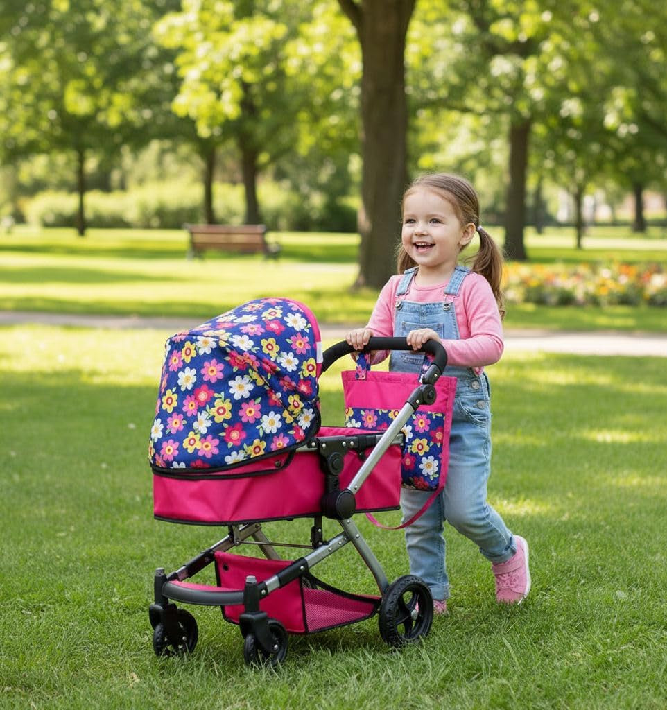 | Foldable Pram for Baby Doll with Flower Design with Swiveling Wheel Adjustable Handle Bassinet Stroller with Baby Doll, Convertible Seat, and Basket, and Free Carriage Bag