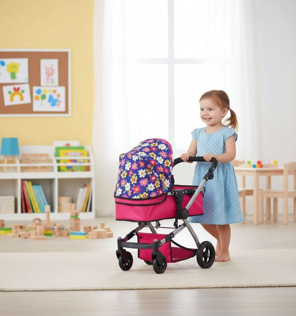 | Foldable Pram for Baby Doll with Flower Design with Swiveling Wheel Adjustable Handle Bassinet Stroller with Baby Doll, Convertible Seat, and Basket, and Free Carriage Bag
